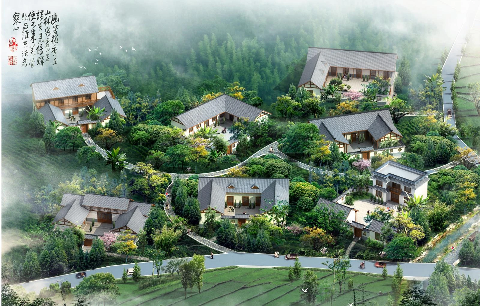 Settlement design visualisation showing houses, trees, gardens and paths beside farmland
