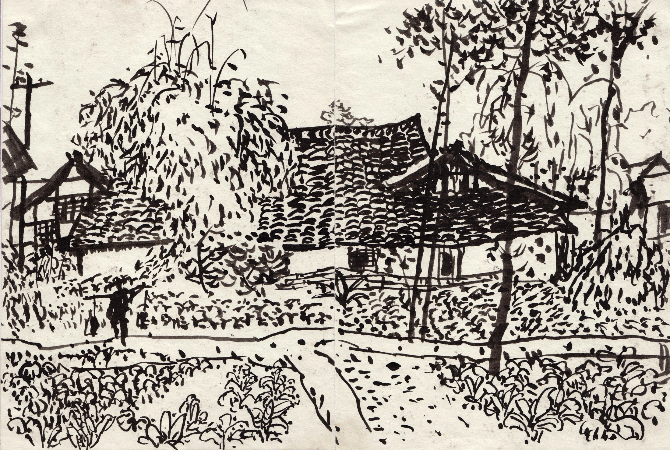Ink drawing of tiled-roof houses among trees and garden plots, with a person carrying a shoulder pole along a path