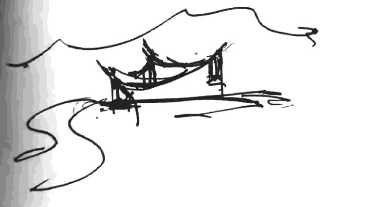 Concept sketch by Weibing Liu showing a curved roof profile beneath a landscape contour